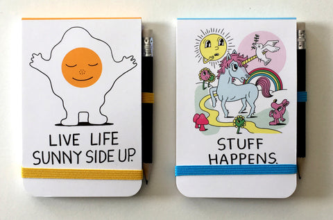 Jeremyville CSA Notepads with Pencil - "Live Life Sunny Side Up / Stuff Happens"